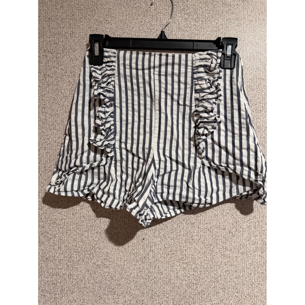 Zara Basic Blue White Striped Ruffle Front High Waisted Shorts XS